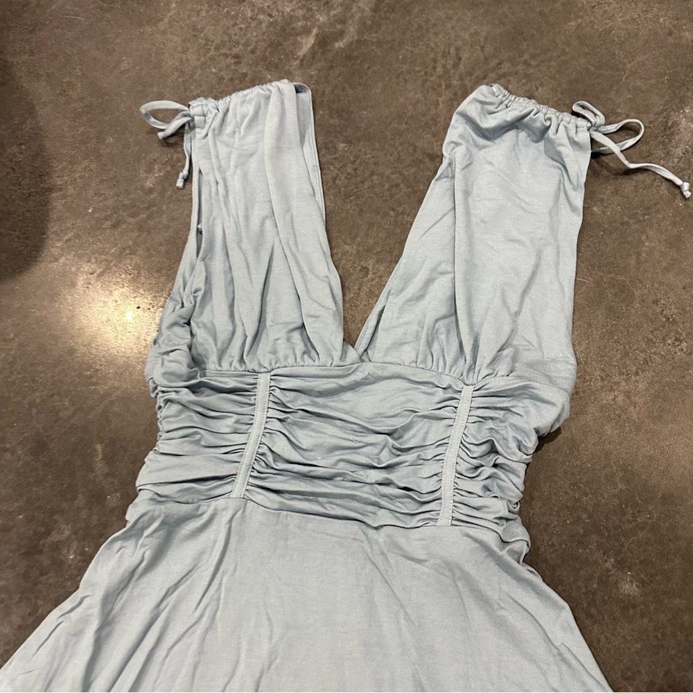 NWT Free People Sweet Summer Mini Dress Faded Denim ruche tie up waist skater - Picture 6 of 8